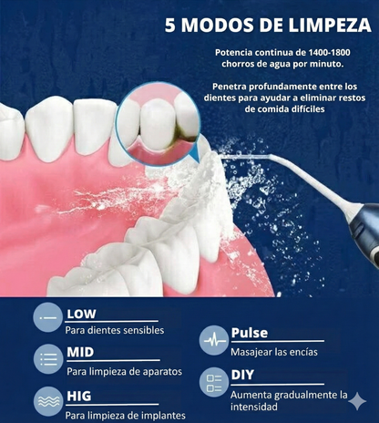 JETFLOSS® Pro Irrigador Bucal: Sistema de Limpieza Dental Portátil 4 en 1 con Tecnología de Pulso Hídrico y 6 Boquillas